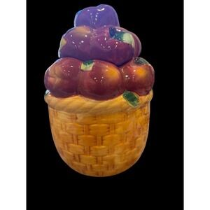 Vintage Apples In Basket Cookie Jar Kitchen Canister Red Tan Lidded Collectors